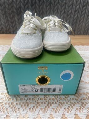kate spade Glitter Ribbon Lace Kids Sneakers in Cream
